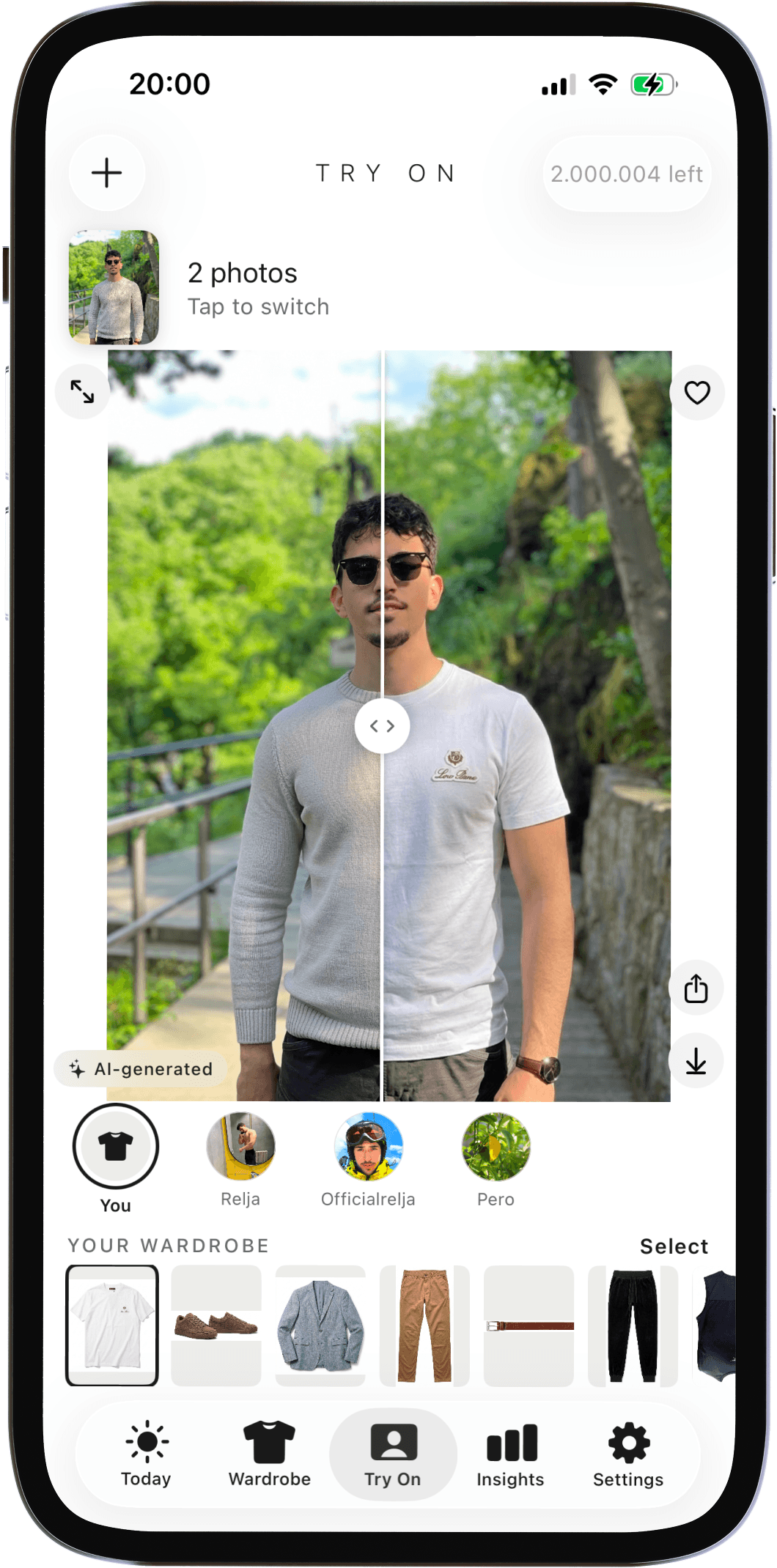 Vael Try On screen — a single tap to dress yourself in a wardrobe garment