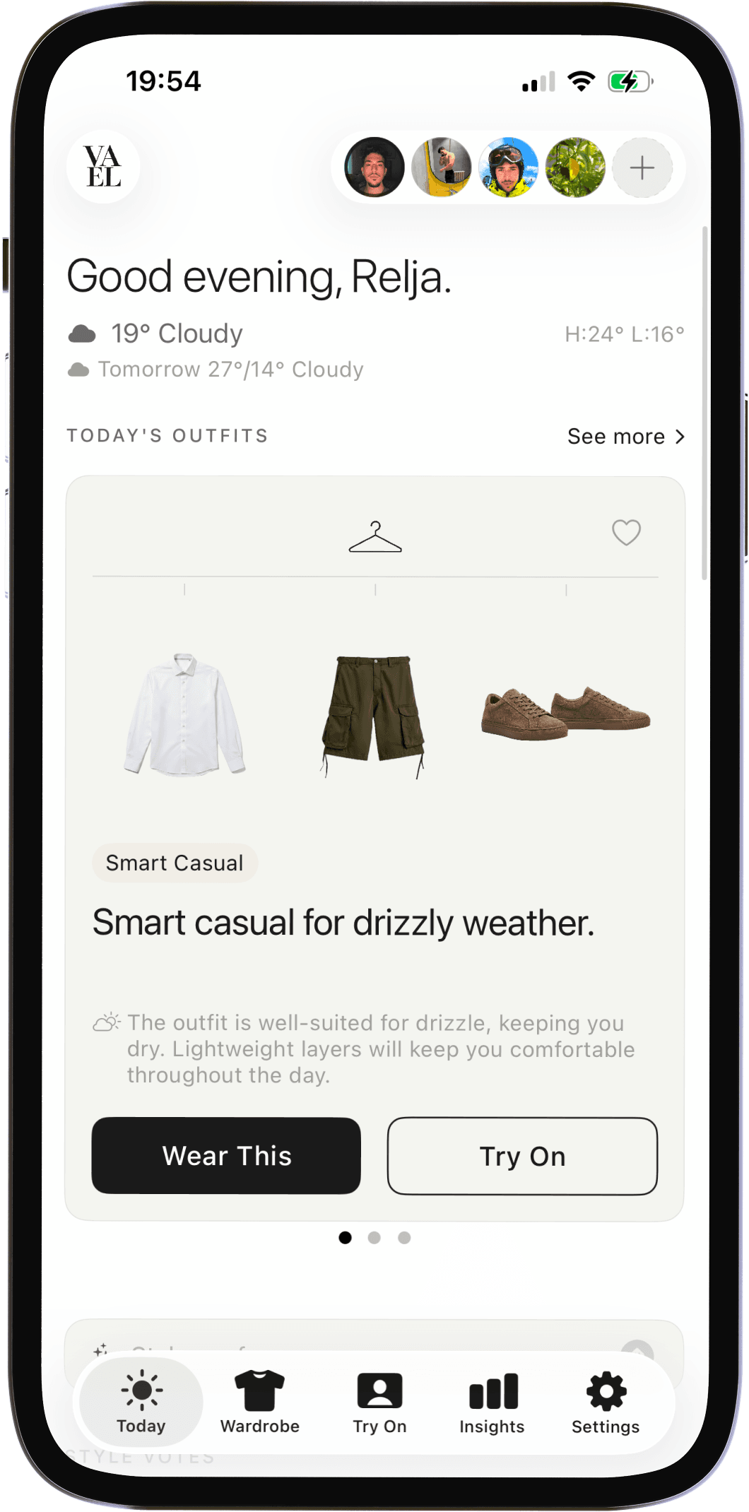 Vael Today's Outfit screen — weather-aware daily outfit suggestion